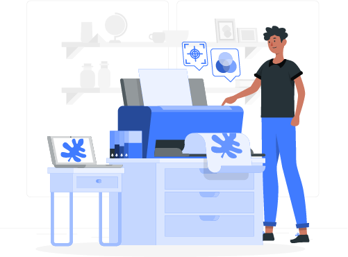 An illustrated person with a tablet overseeing a large printer with colorful ink circles, illustrating high-quality custom printing services by DPN Printing