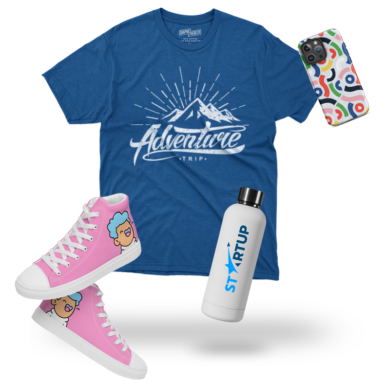 A vibrant T-shirt and corporate gifts with a custom design, showcasing custom creative printing in Meyerton by DPN Printing, displayed against a colorful background.
